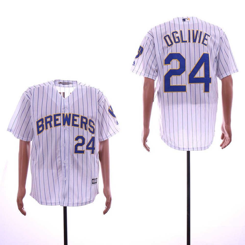 Men Milwaukee Brewers 24 Oglivie White MLB Jerseys